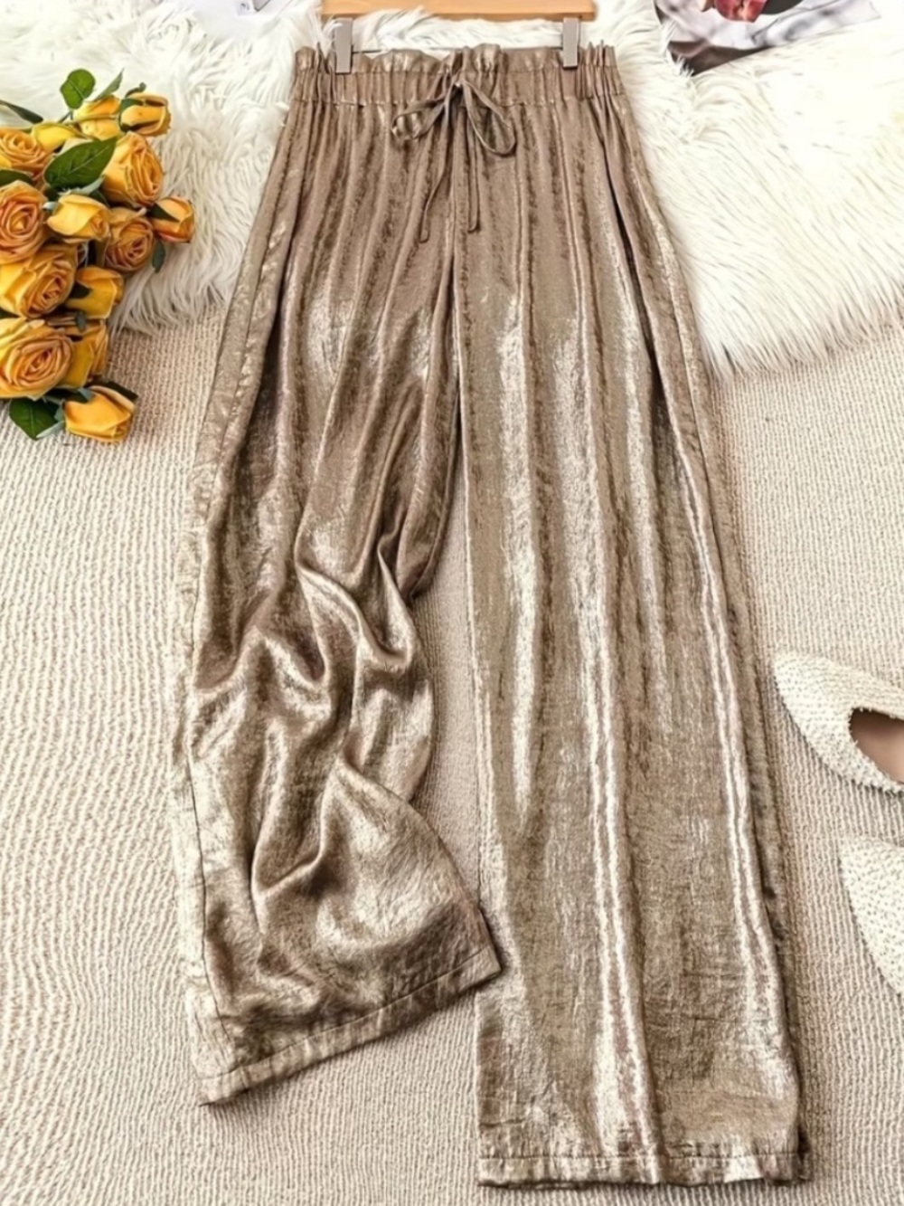 NWOT! Metallic Taupe Wide Leg Pants with Drawstring Waist, Size S
